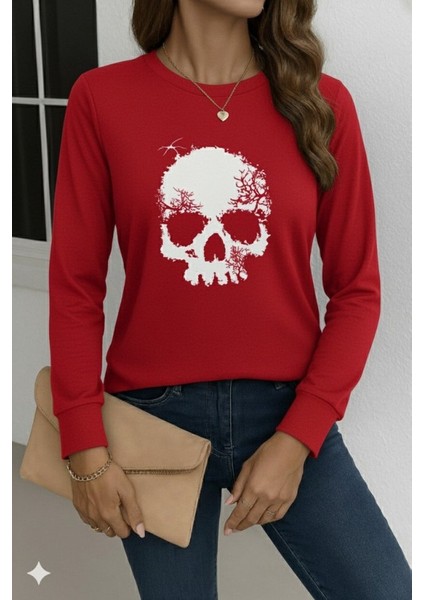 Kadın Uzun Kollu Bisiklet Yaka Kurukafa Desenli Viskon Bluz modelleri