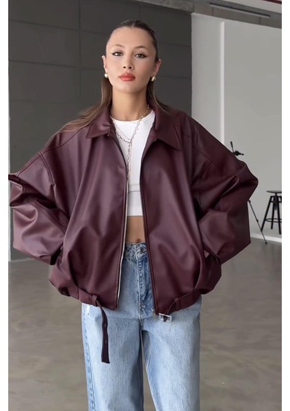 Pb Oversiz Kemerli Bomber Bordo Deri Ceket