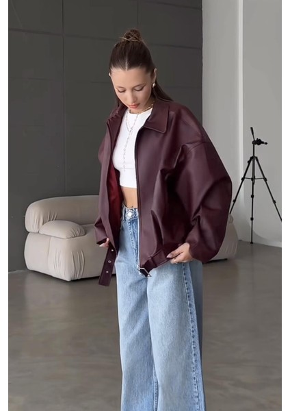 Pb Oversiz Kemerli Bomber Bordo Deri Ceket fiyatları