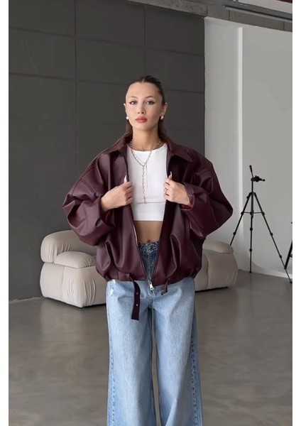 Pb Oversiz Kemerli Bomber Bordo Deri Ceket modelleri