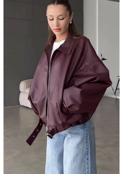 Pb Oversiz Kemerli Bomber Bordo Deri Ceket fırsatları