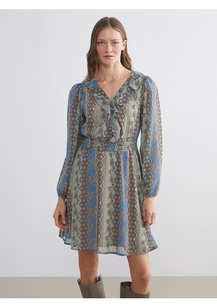 Yeni Sezon V Yaka Çiçekli Şifon Belden Oturtmalı Mini Elbise