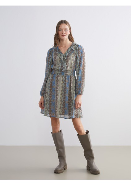 Yeni Sezon V Yaka Çiçekli Şifon Belden Oturtmalı Mini Elbise fiyatları