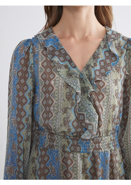 Yeni Sezon V Yaka Çiçekli Şifon Belden Oturtmalı Mini Elbise modelleri