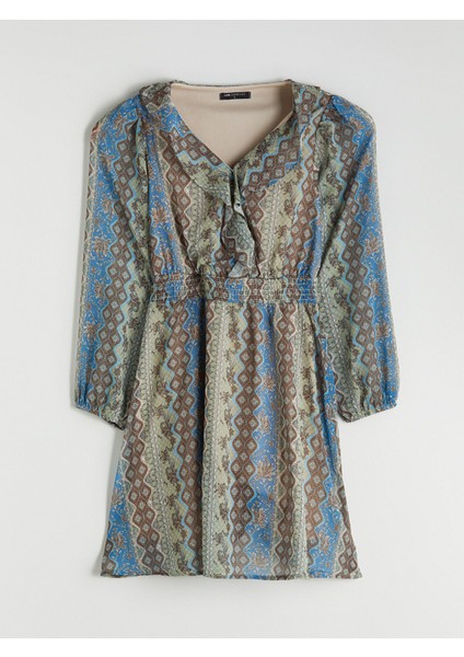 Yeni Sezon V Yaka Çiçekli Şifon Belden Oturtmalı Mini Elbise indirimleri