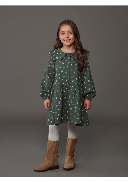 Yeni Sezon Bebe Yaka Çiçekli Kız Çocuk Müslin Elbise