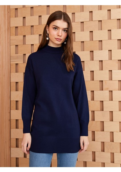 Yeni Sezon Yarım Balıkçı Yaka Düz Uzun Kollu Kadın Triko Tunik