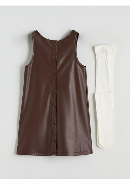 Yeni Sezon Fiyonk Detaylı Deri Görünümlü Kız Çocuk Elbise ve Külotlu Çorap indirimleri