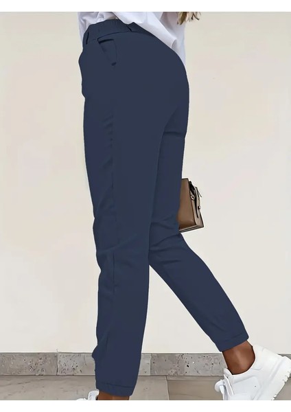 Kadın Yüksek Bel Önden Düğmeli Cepli Bilek Lastik Detay Atlas Pantolon modelleri