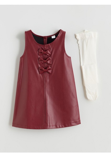 Yeni Sezon Fiyonk Detaylı Deri Görünümlü Kız Çocuk Elbise ve Külotlu Çorap