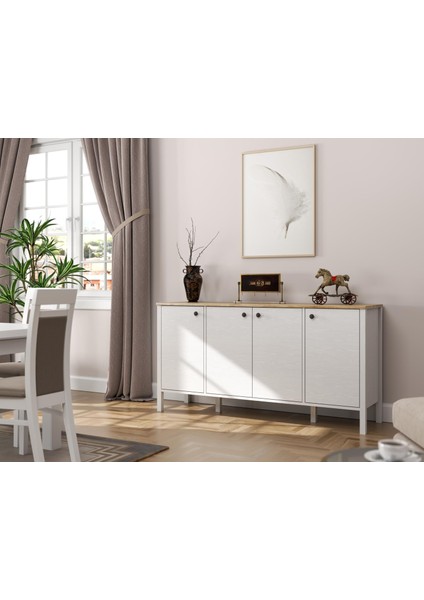 Lumera Iskandinav Konsol 4 Kapaklı 6 Bölmeli Mdf Profil Ayaklı 180 cm Konsol - Wood Beyaz