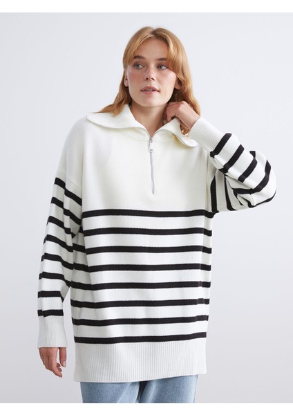 Yeni Sezon Dik Yaka Çizgili Kadın Triko Tunik
