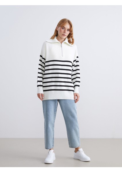 Yeni Sezon Dik Yaka Çizgili Kadın Triko Tunik fiyatları