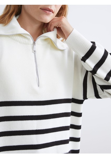 Yeni Sezon Dik Yaka Çizgili Kadın Triko Tunik modelleri