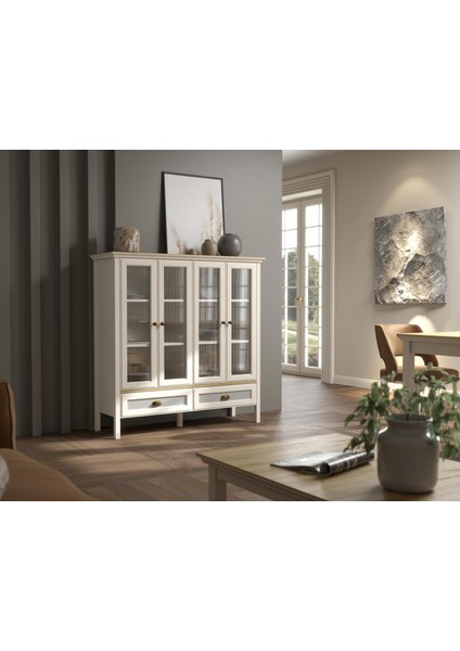 Valena Konsol - Vitrin - Büfe 4 Nervür Cam Kapaklı 2 Çekmeceli Panjur Kapaklı Mdf Profil Ayaklı 136 cm Minifixli Çok Amaçlı