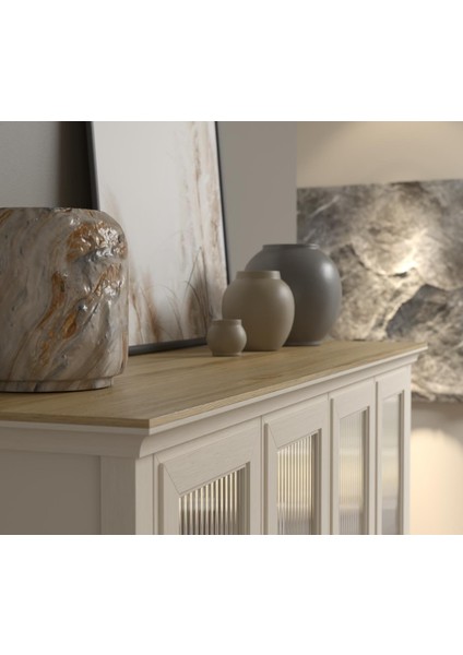 Valena Konsol - Vitrin - Büfe 4 Nervür Cam Kapaklı 2 Çekmeceli Panjur Kapaklı Mdf Profil Ayaklı 136 cm Minifixli Çok Amaçlı fiyatları