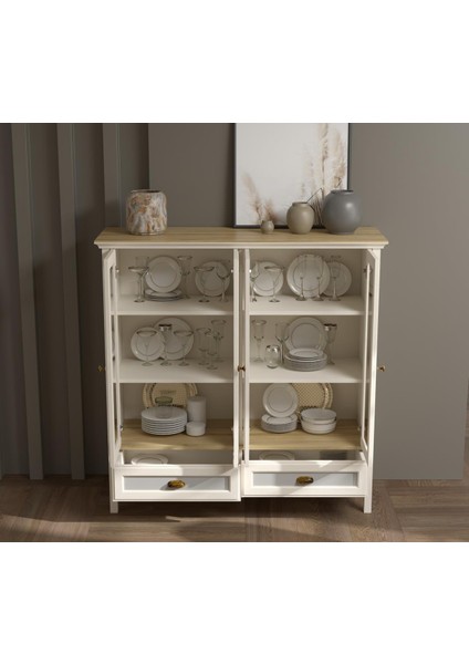 Valena Konsol - Vitrin - Büfe 4 Nervür Cam Kapaklı 2 Çekmeceli Panjur Kapaklı Mdf Profil Ayaklı 136 cm Minifixli Çok Amaçlı modelleri