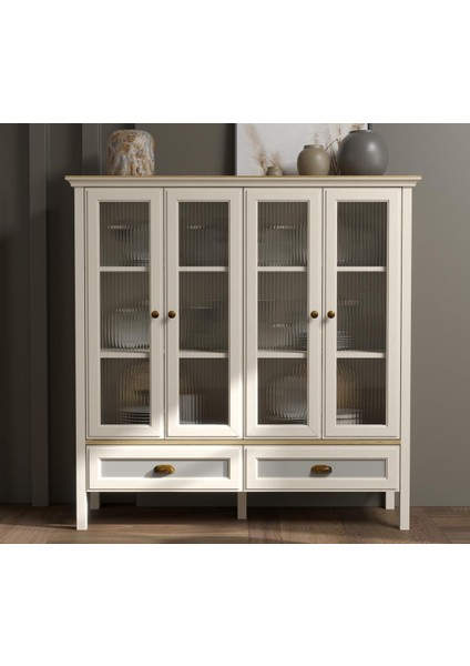 Valena Konsol - Vitrin - Büfe 4 Nervür Cam Kapaklı 2 Çekmeceli Panjur Kapaklı Mdf Profil Ayaklı 136 cm Minifixli Çok Amaçlı fırsatları