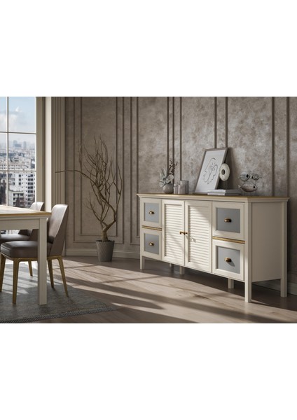 Valena Konsol Çok Amaçlı Dolap 2 Kapaklı 4 Çekmeceli Panjur Kapaklı Mdf Profil Ayaklı 185 cm Minifixli