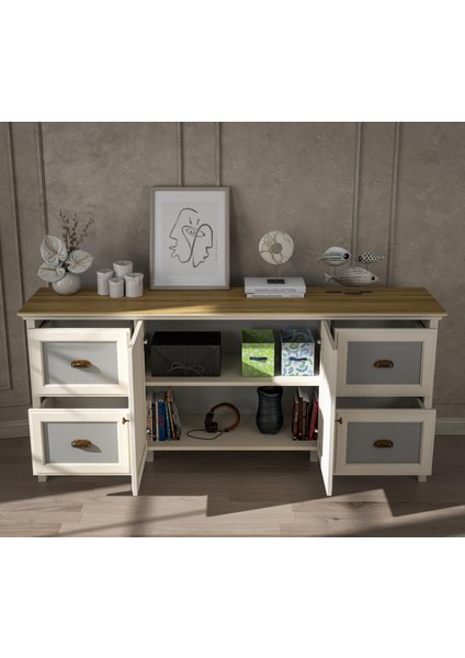 Valena Konsol Çok Amaçlı Dolap 2 Kapaklı 4 Çekmeceli Panjur Kapaklı Mdf Profil Ayaklı 185 cm Minifixli modelleri
