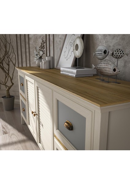 Valena Konsol Çok Amaçlı Dolap 2 Kapaklı 4 Çekmeceli Panjur Kapaklı Mdf Profil Ayaklı 185 cm Minifixli fırsatları