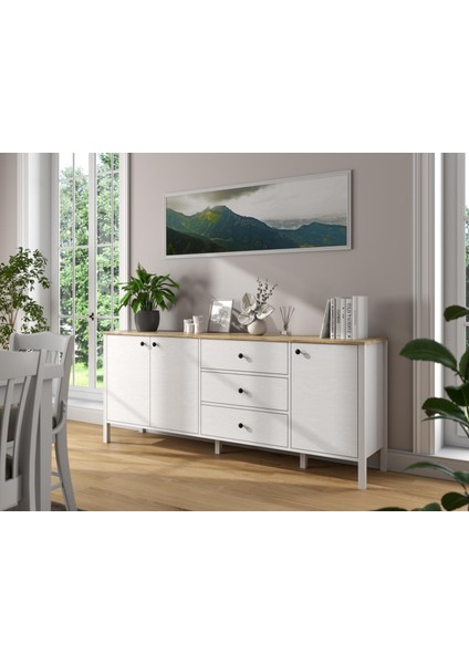 Lumera Iskandinav Konsol 3 Kapaklı 3 Çekmeceli Mdf Profil Ayaklı 200 cm Konsol - Wood Beyaz