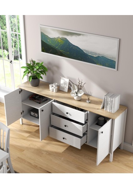 Lumera Iskandinav Konsol 3 Kapaklı 3 Çekmeceli Mdf Profil Ayaklı 200 cm Konsol - Wood Beyaz modelleri