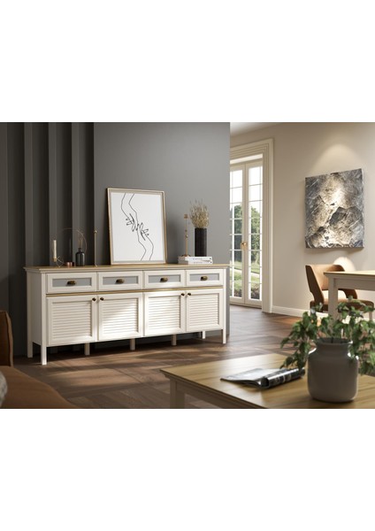 Valena Konsol Çok Amaçlı Dolap 4 Kapaklı 4 Çekmeceli Panjur Kapaklı Mdf Profil Ayaklı 200 cm Minifixli