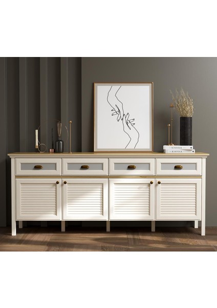 Valena Konsol Çok Amaçlı Dolap 4 Kapaklı 4 Çekmeceli Panjur Kapaklı Mdf Profil Ayaklı 200 cm Minifixli fiyatları