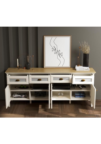 Valena Konsol Çok Amaçlı Dolap 4 Kapaklı 4 Çekmeceli Panjur Kapaklı Mdf Profil Ayaklı 200 cm Minifixli fırsatları