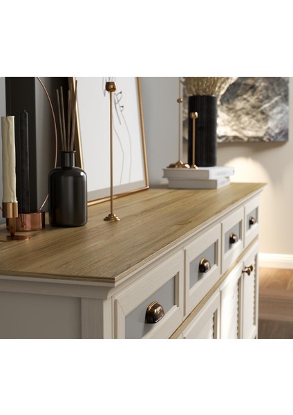 Valena Konsol Çok Amaçlı Dolap 4 Kapaklı 4 Çekmeceli Panjur Kapaklı Mdf Profil Ayaklı 200 cm Minifixli indirimleri