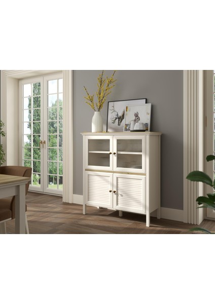 Valena Konsol - Vitrin - Büfe 2 Nervür Cam Kapak 2 Panjur Kapaklı Panjur Kapaklı Mdf Profil Ayaklı 110 cm Minifixli Çok Amaçlı