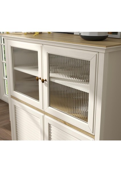 Valena Konsol - Vitrin - Büfe 2 Nervür Cam Kapak 2 Panjur Kapaklı Panjur Kapaklı Mdf Profil Ayaklı 110 cm Minifixli Çok Amaçlı fırsatları