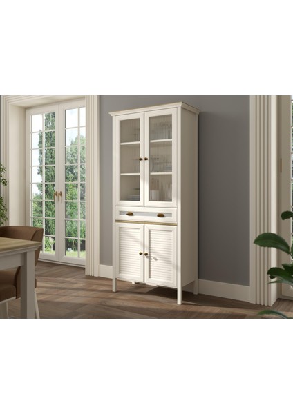 Valena Konsol Çok Amaçlı Dolap 2 Nervür Cam Kapak 2 Panjur Kapaklı 2 Çekmeceli Panjur Kapaklı Mdf Profil Ayaklı 88 cm