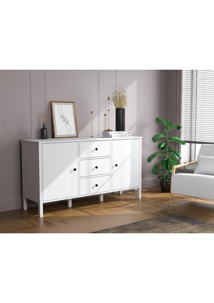 Lumera Iskandinav Konsol 2 Kapaklı 3 Çekmeceli Mdf Profil Ayaklı 150 cm Konsol - Wood Beyaz