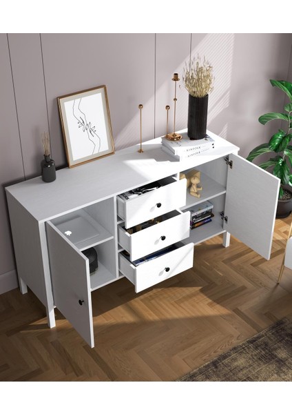 Lumera Iskandinav Konsol 2 Kapaklı 3 Çekmeceli Mdf Profil Ayaklı 150 cm Konsol - Wood Beyaz modelleri