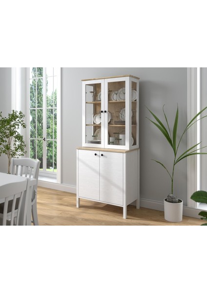 Lumera Iskandinav Konsol - Vitrin - Büfe 4 Kapaklı Cam Kapak ve Bölmeli Mdf Profil Ayaklı 83 cm Minifixli Çok Amaçlı