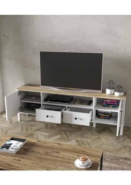 Lumera Modern Tv Ünitesi - Konsol 2 Kapaklı 2 Çekmeceli Raflı Dolaplı Mdf Profil Ayaklı 180 cm Minifixli modelleri