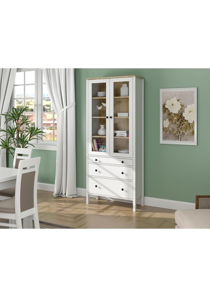 Lumera Iskandinav Konsol - Vitrin - Büfe 2 Cam Kapaklı 3 Çekmeceli Mdf Profil Ayaklı 83 cm Minifixli Çok Amaçlı