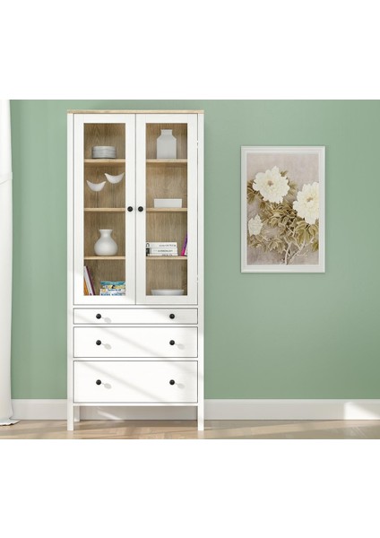 Lumera Iskandinav Konsol - Vitrin - Büfe 2 Cam Kapaklı 3 Çekmeceli Mdf Profil Ayaklı 83 cm Minifixli Çok Amaçlı fiyatları