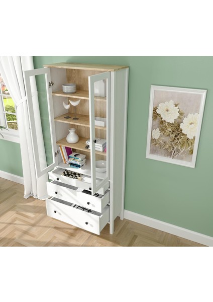 Lumera Iskandinav Konsol - Vitrin - Büfe 2 Cam Kapaklı 3 Çekmeceli Mdf Profil Ayaklı 83 cm Minifixli Çok Amaçlı modelleri