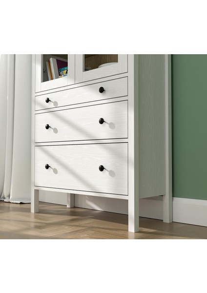 Lumera Iskandinav Konsol - Vitrin - Büfe 2 Cam Kapaklı 3 Çekmeceli Mdf Profil Ayaklı 83 cm Minifixli Çok Amaçlı fırsatları