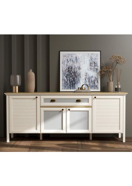 Valena Konsol Çok Amaçlı Dolap 4 Kapaklı 2 Çekmeceli Panjur Kapaklı Mdf Profil Ayaklı 200 cm Minifixli