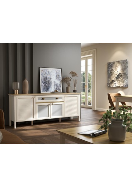 Valena Konsol Çok Amaçlı Dolap 4 Kapaklı 2 Çekmeceli Panjur Kapaklı Mdf Profil Ayaklı 200 cm Minifixli fiyatları