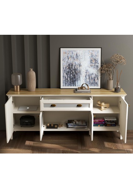 Valena Konsol Çok Amaçlı Dolap 4 Kapaklı 2 Çekmeceli Panjur Kapaklı Mdf Profil Ayaklı 200 cm Minifixli modelleri