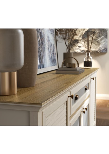 Valena Konsol Çok Amaçlı Dolap 4 Kapaklı 2 Çekmeceli Panjur Kapaklı Mdf Profil Ayaklı 200 cm Minifixli fırsatları