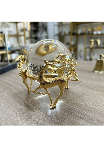 Çiçek Boynuzlu Geyikli Cam Top-Gold (Altın)