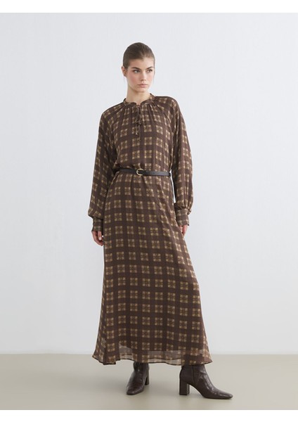 Yeni Sezon Bağlamalı Yaka Ekose Elbise