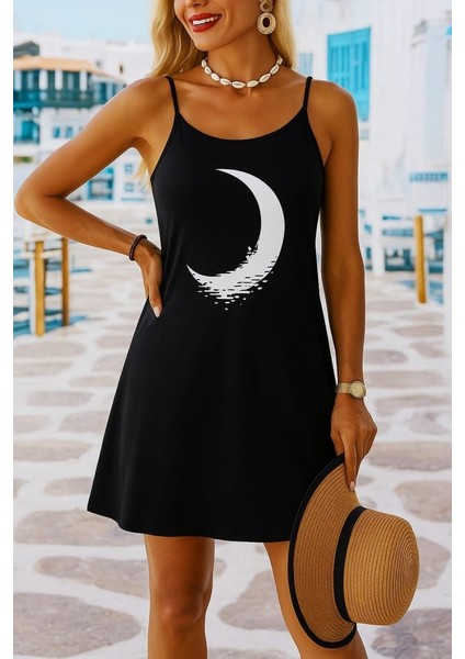 Kadın Ip Askılı Ay Desenli Viskon Elbise
