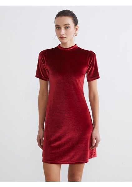 Yeni Sezon Dik Yaka A Kesim Kadife Mini Elbise